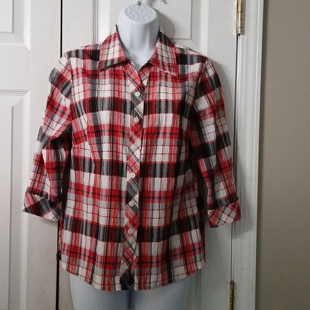 Allison Daley red black white plaid button up shirt Sz 8P